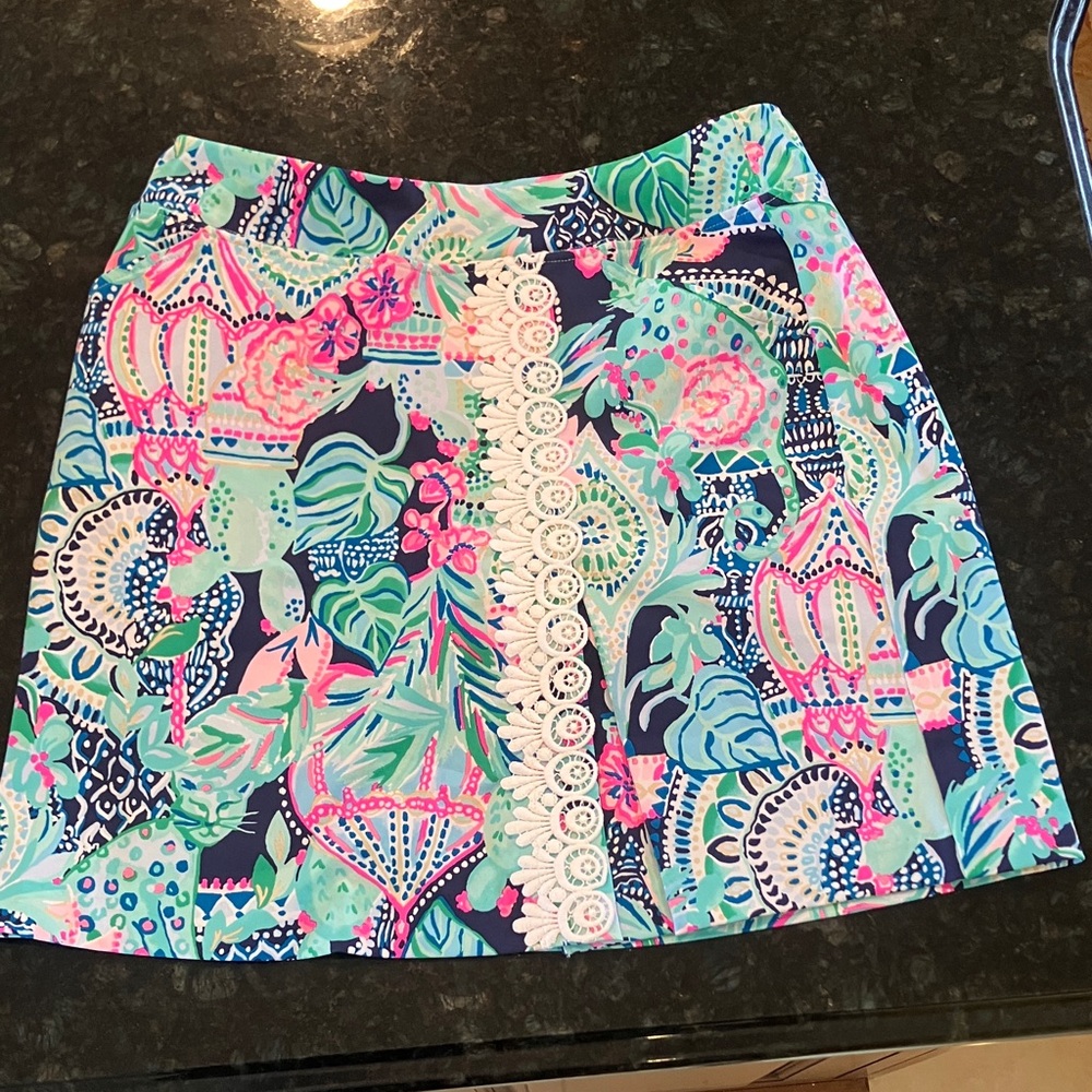 Lilly Pulitzer Navy Pink Mint Floral Midi Skirt with Lace Trim